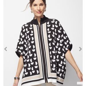 Chico’s no size Geo border zip front poncho black New with tax